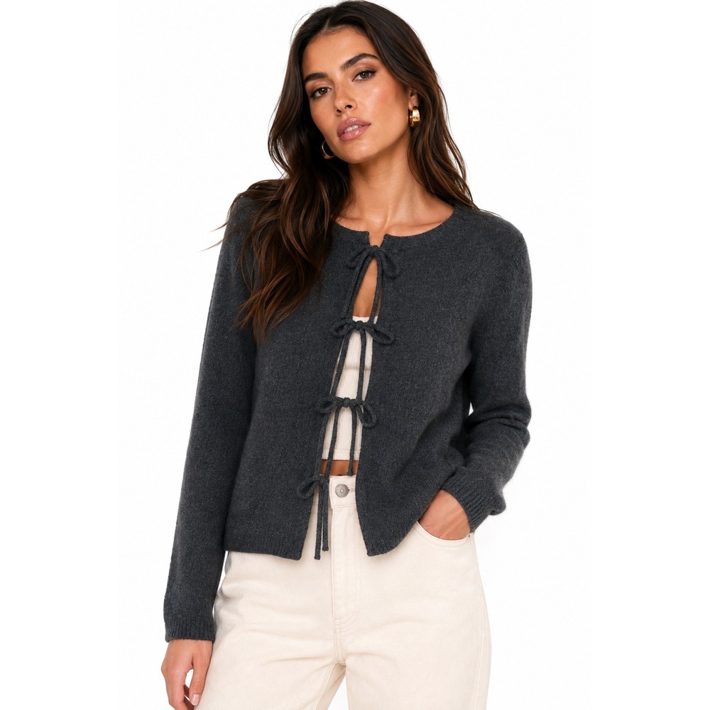 41 Hawthorn Zoe Bow Tie Front Cardigan Dark Grey Knit Sweater M NWT‎